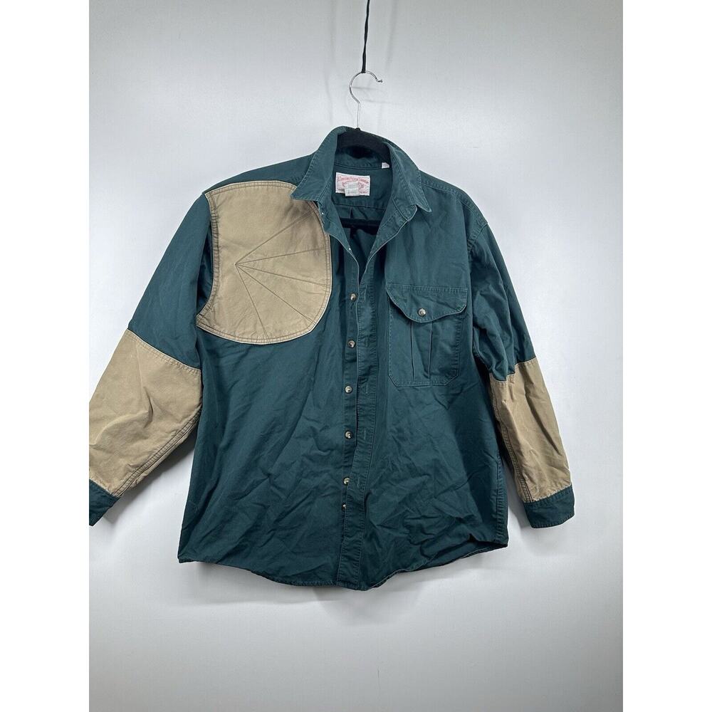 Filson Green Cotton Hunting L Shirt‎ W/ Brown Cotton Canvas Panels Vintage 1990s